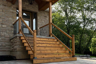 CK Muskoka pine wood steps from back of huse enterance